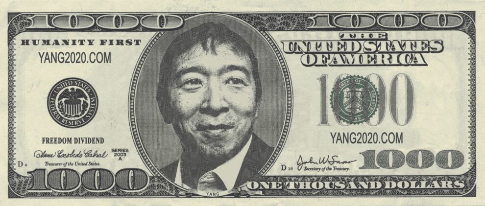 Image of Andrew Yang on a $1,000-dollar bill