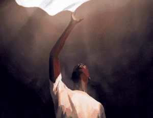 Artistic rendering by artist Lossapardo shows a young man reaching for a white cloth above his head