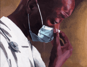 Artistic rendering by Lossapardo showing a doctor pushing his mask up on the bridge of his nose