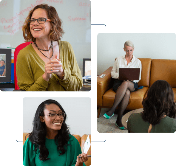 3 images. Top left image includes Joy Portella, a white woman in her 50s smiling looking to her right. Center image includes Sara Veltkamp, a white woman in her 40s sitting on a brown couch working on her laptop. Bottom image Elise McGlothian, a Black woman in her late 20s.