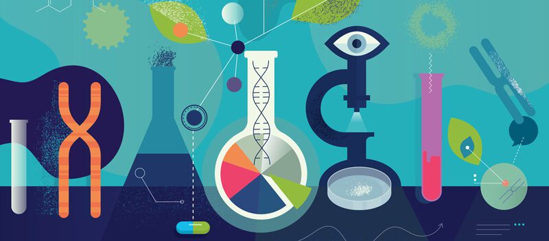 An drawing of lab equipment like a microscope and beaker