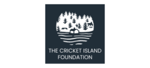 Cricket Island Foundation logo. White text and forest illustration on navy blue background