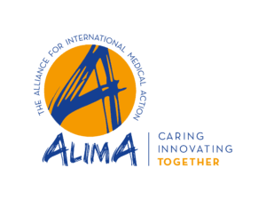 ALIMA's logo in gold and blue. A large blue "A" in a gold circle with the text "The Alliance for International Medical Action" over the circle. ALIMA is in blue letters below the circle. "Caring, Innovating, Together" is in text to the right of the circle.