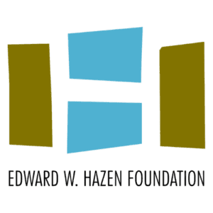 Logo with four colored rectangle-like shapes. Two are dark gold, two in the middle are light blue. Edward W. Hazen Foundation is in text below the rectangles.