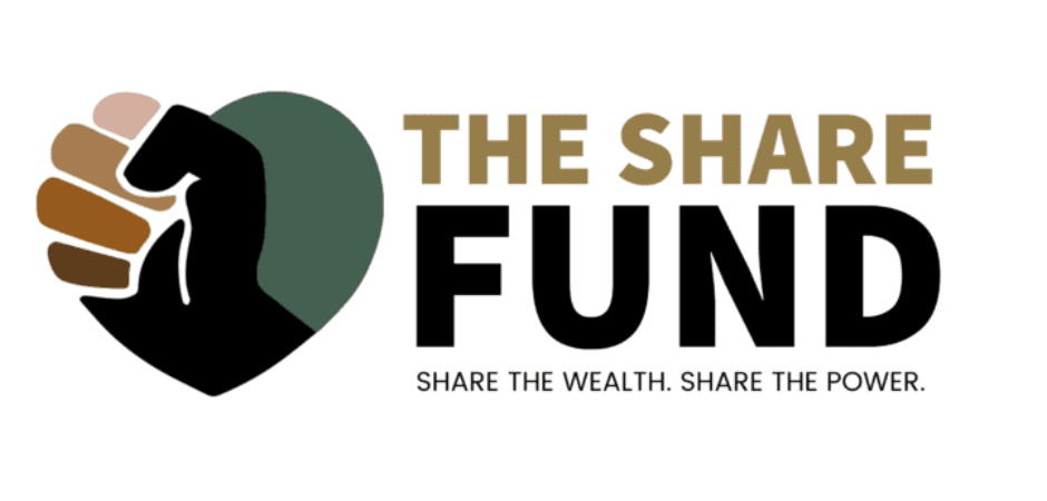 The Share Fund logo is a black clenched fist, each finger a different skin tone, inside a green heart.
