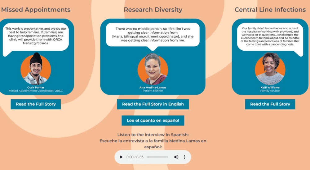 A screenshot of the new health equity and anti-racism page of the website. Features three quote bubbles and photos of storytellers.