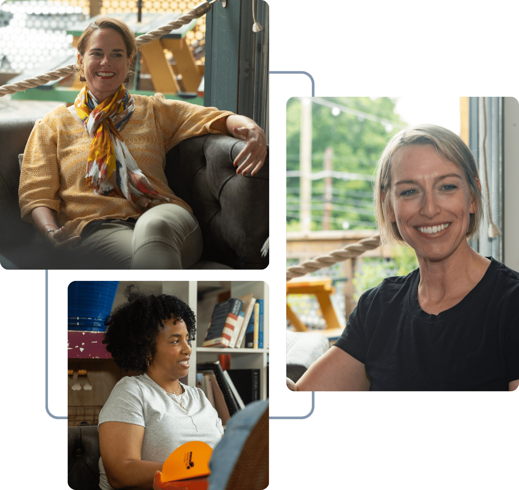 3 images. Top left image includes Joy, a woman in her 50s smiling while sitting on a brown couch. Center image includes Sara, a woman in her 40s smiling in front of a large picture window on a sunny day. Bottom image Dori, a woman in her late 20s sitting and smiling and looking while to her right, notepad in hand.