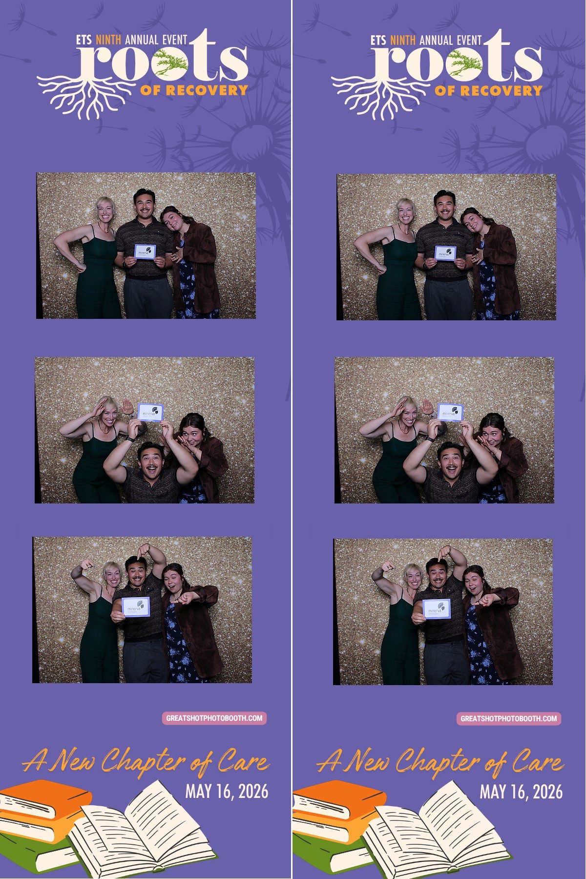 Sara, Caroline, and Caroline's partner smile in a photobooth pointing at the Minerva Strategies logo.